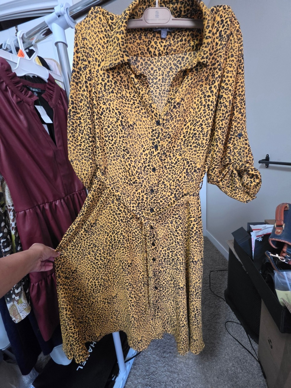 Sharagano Yellow Leopard-Print Midi Shirt Dress SIZE 6